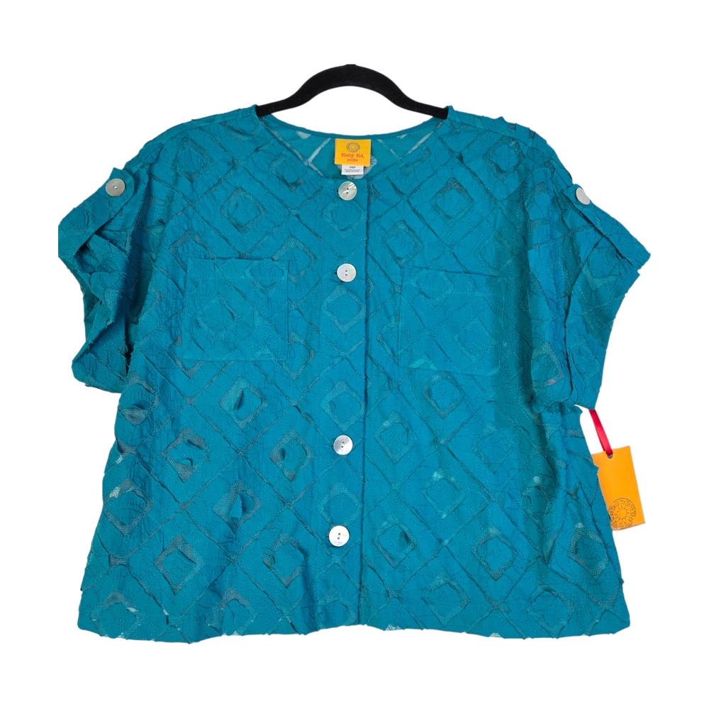 RUBY RD. Size 14 Petite Short Sleeve Cut-out Teal Button-Up Shirt NWT